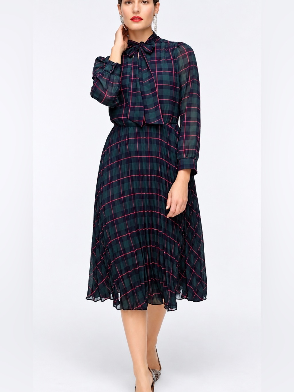J Crew tie neck pleated tartan dress, size 0